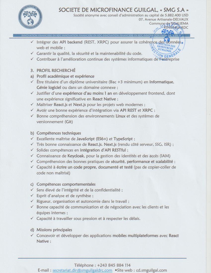 Page 2 Document de l'offre Informaticien développeur Frontend