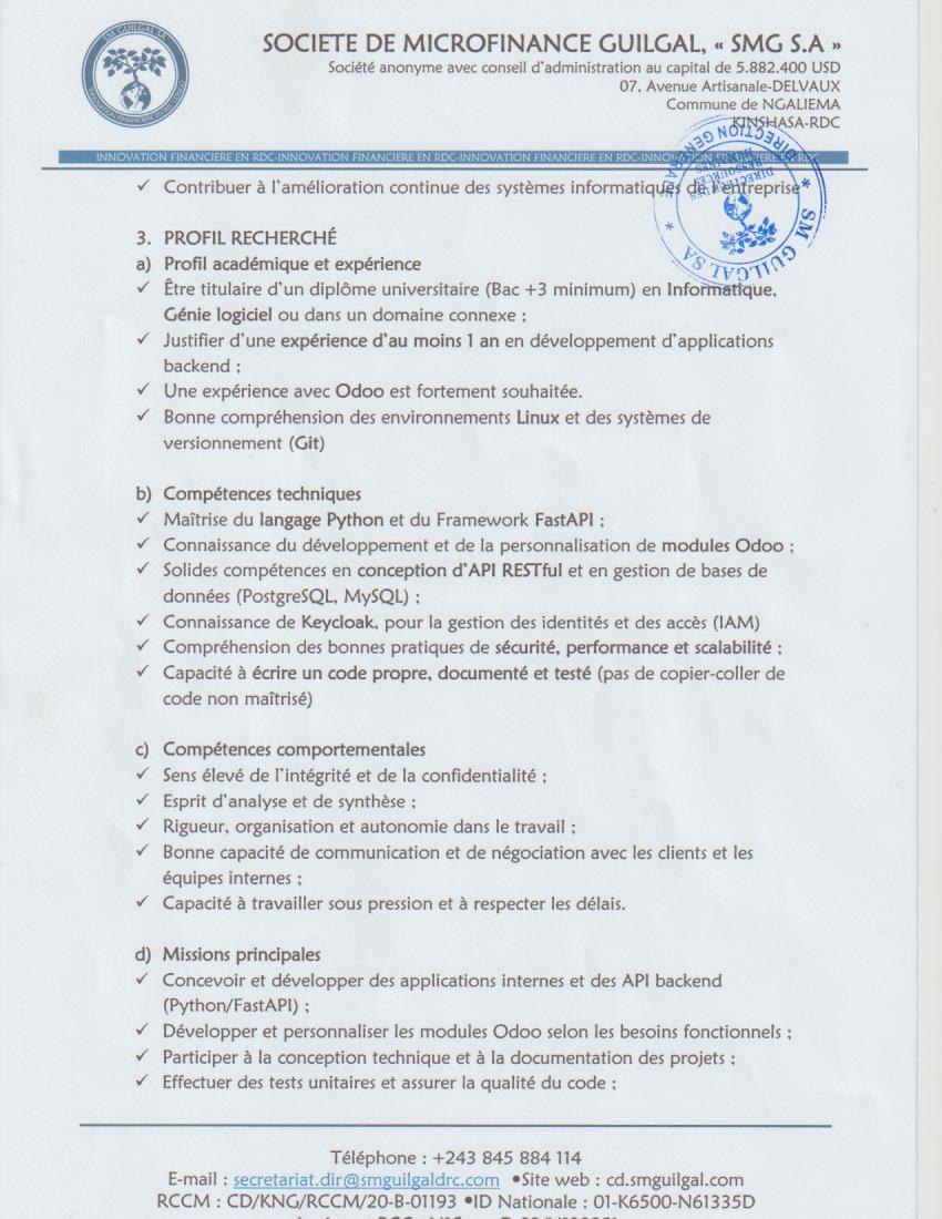 Page 2 Document de l'offre Informaticien développeur Backend