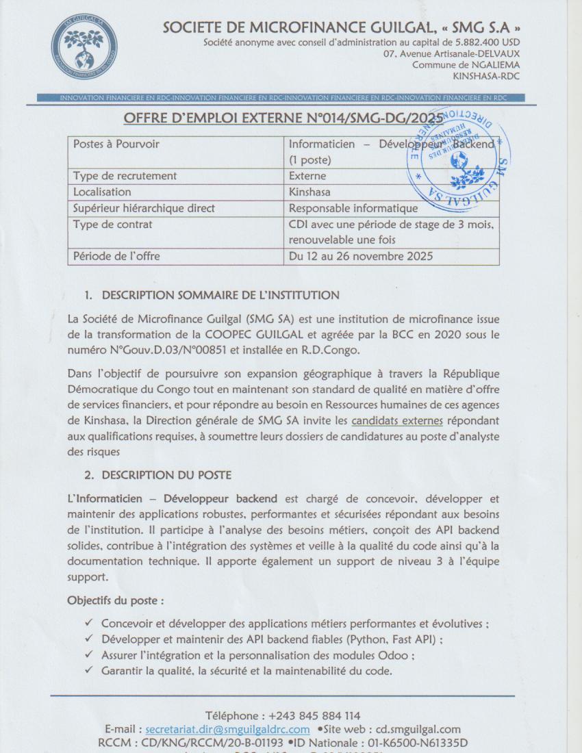 Page 1 Document de l'offre Informaticien développeur Backend