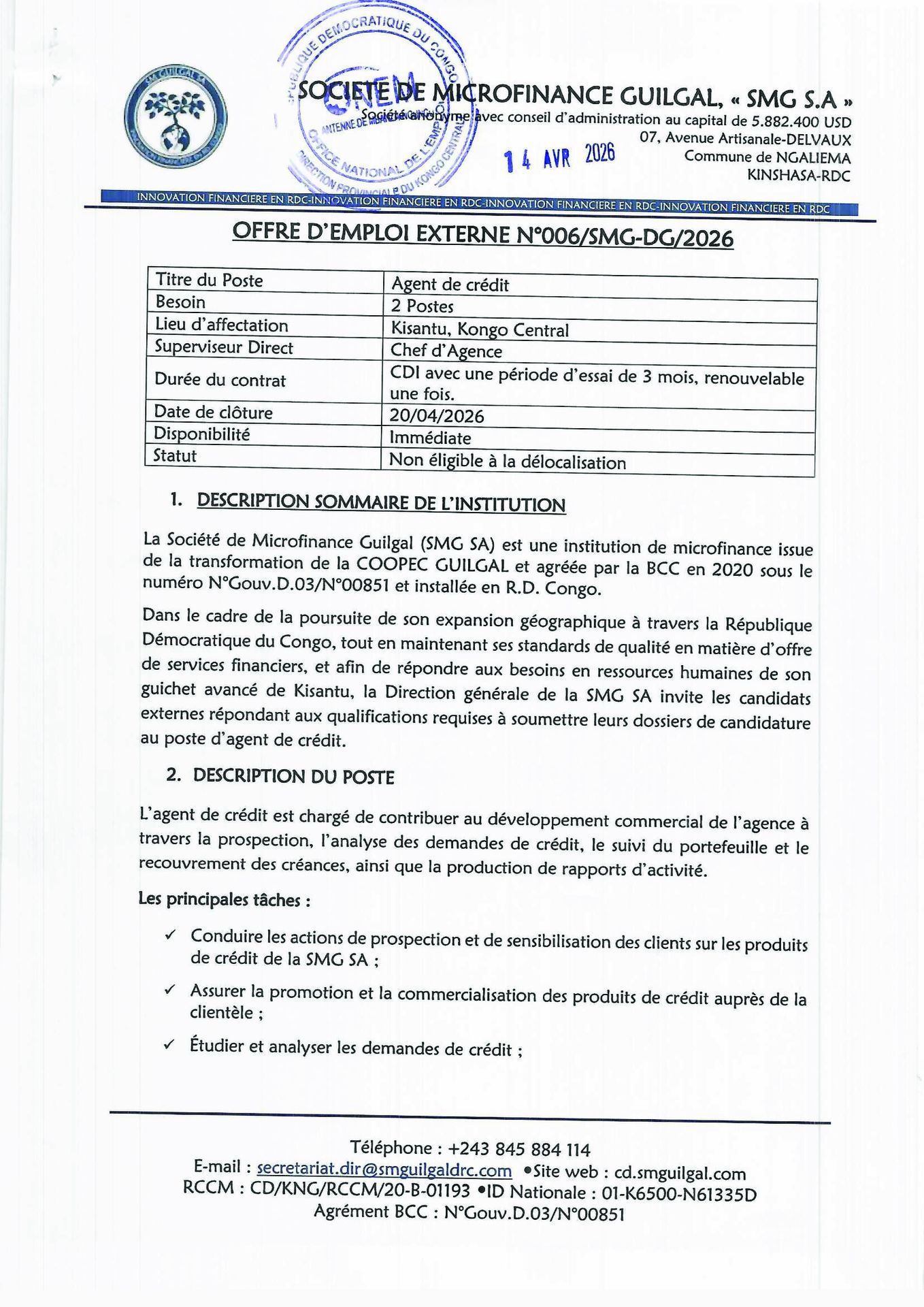 Offre d'emploi agent de crédit page 1